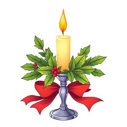 An illustration of a Christmas candle placed elegantly in a stylish candlestick, adorned with lush green leaves