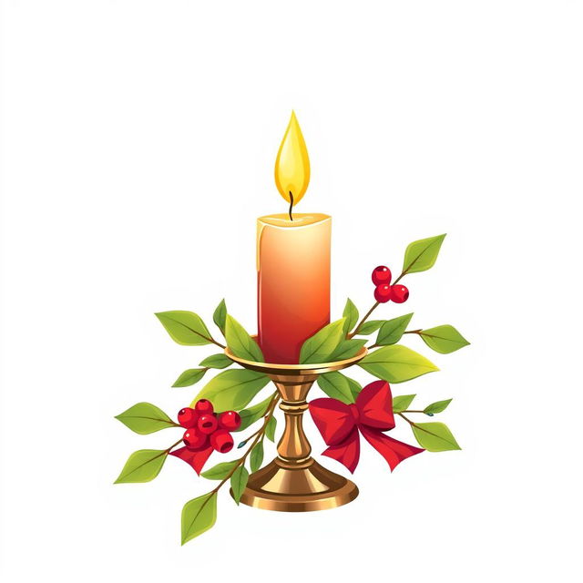 An illustration of a Christmas candle placed elegantly in a stylish candlestick, adorned with lush green leaves