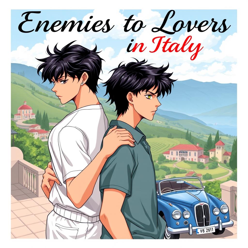 An engaging and romantic cover illustration for a book titled 'Enemies to Lovers in Italy