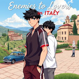 An engaging and romantic cover illustration for a book titled 'Enemies to Lovers in Italy