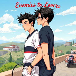 An engaging and romantic cover illustration for a book titled 'Enemies to Lovers in Italy