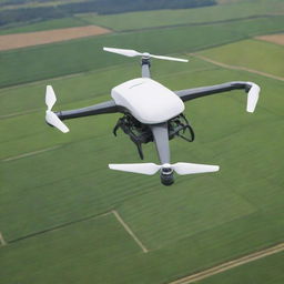 Poster featuring a sleek, eco-friendly drone soaring over green fields, with packages securely attached. The design should emphasize the future of efficient delivery and agriculture.