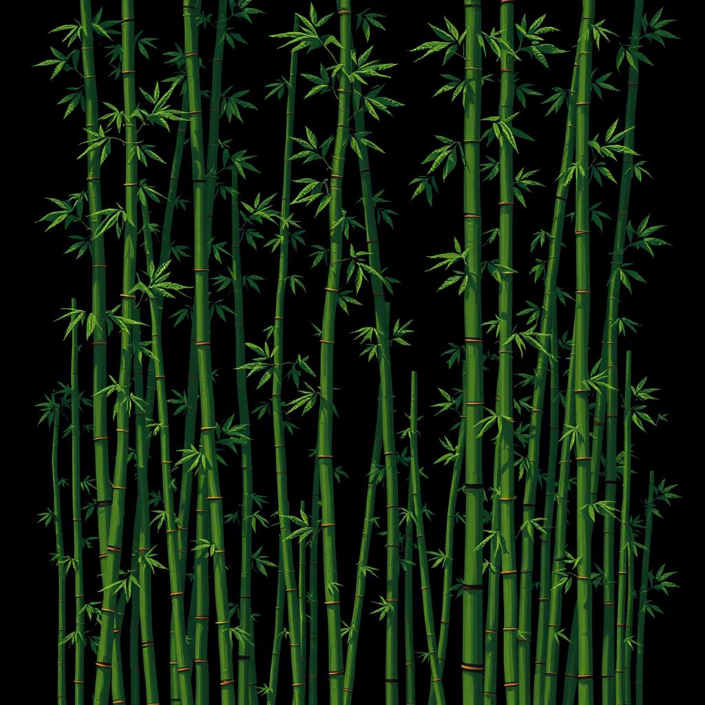 An elaborate 16-bit pixel art scene filled with a multitude of bamboo stalks against a solid black background