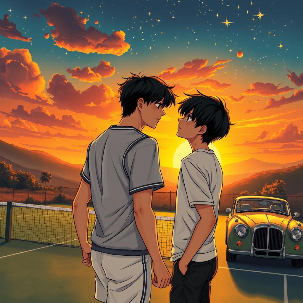 An alluring book cover illustration for 'Um céu cheio de estrelas,' showcasing a romantic and intense scene between two boys with black hair, set in Italy