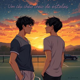 An alluring book cover illustration for 'Um céu cheio de estrelas,' showcasing a romantic and intense scene between two boys with black hair, set in Italy