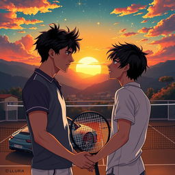 An alluring book cover illustration for 'Um céu cheio de estrelas,' showcasing a romantic and intense scene between two boys with black hair, set in Italy