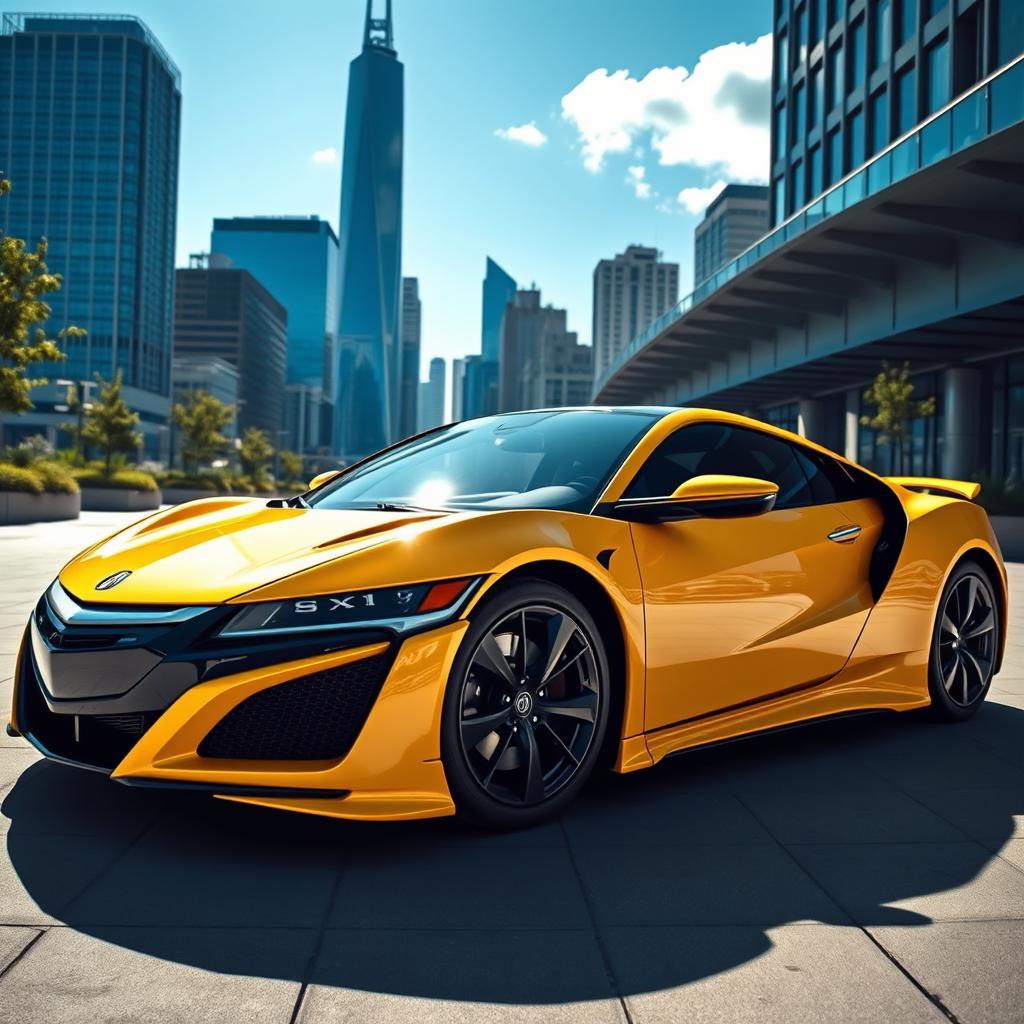 A stunning yellow Acura NSX parked in an urban setting, capturing the sleek curves and aerodynamic design of the car