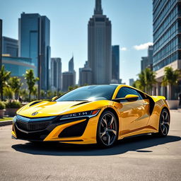 A stunning yellow Acura NSX parked in an urban setting, capturing the sleek curves and aerodynamic design of the car