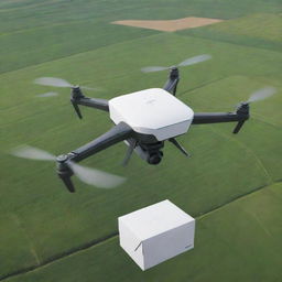 Poster featuring a sleek, eco-friendly drone soaring over green fields, with packages securely attached. The design should emphasize the future of efficient delivery and agriculture.