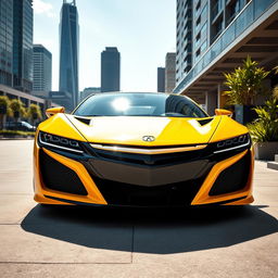 A stunning yellow Acura NSX parked in an urban setting, capturing the sleek curves and aerodynamic design of the car