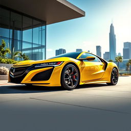 A stunning yellow Acura NSX parked in an urban setting, capturing the sleek curves and aerodynamic design of the car