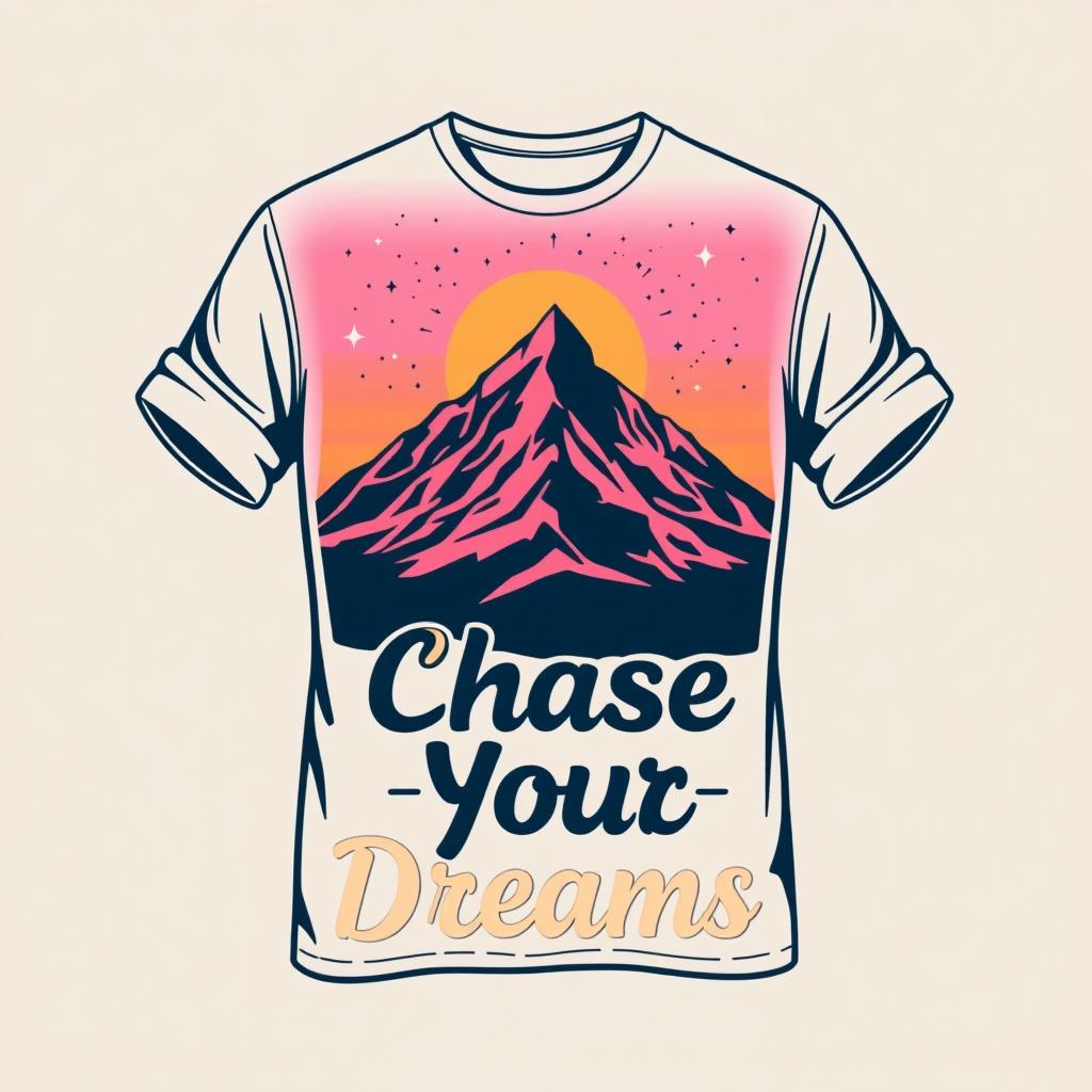 A stylish and modern T-shirt design featuring an artistic graphic of a mountain landscape at sunset, with vibrant colors like orange, pink, and purple blending into a starry sky