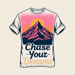 A stylish and modern T-shirt design featuring an artistic graphic of a mountain landscape at sunset, with vibrant colors like orange, pink, and purple blending into a starry sky