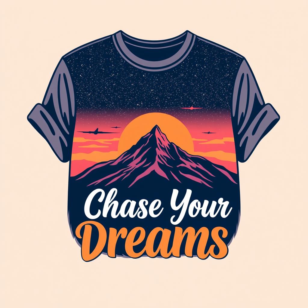 A stylish and modern T-shirt design featuring an artistic graphic of a mountain landscape at sunset, with vibrant colors like orange, pink, and purple blending into a starry sky