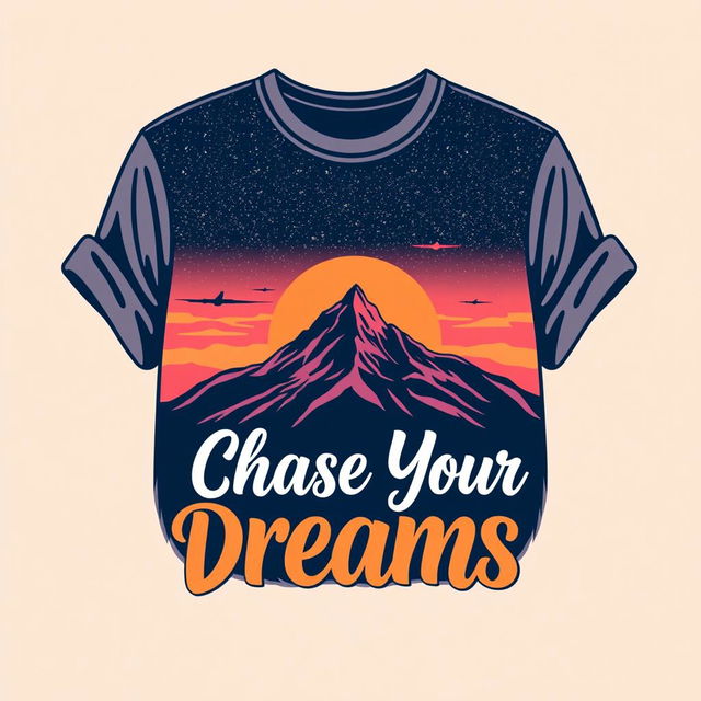 A stylish and modern T-shirt design featuring an artistic graphic of a mountain landscape at sunset, with vibrant colors like orange, pink, and purple blending into a starry sky