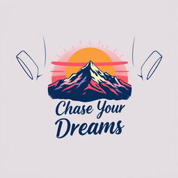 A stylish and modern T-shirt design featuring an artistic graphic of a mountain landscape at sunset, with vibrant colors like orange, pink, and purple blending into a starry sky