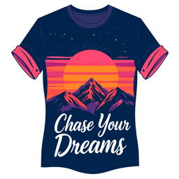 A stylish and modern T-shirt design featuring an artistic graphic of a mountain landscape at sunset, with vibrant colors like orange, pink, and purple blending into a starry sky