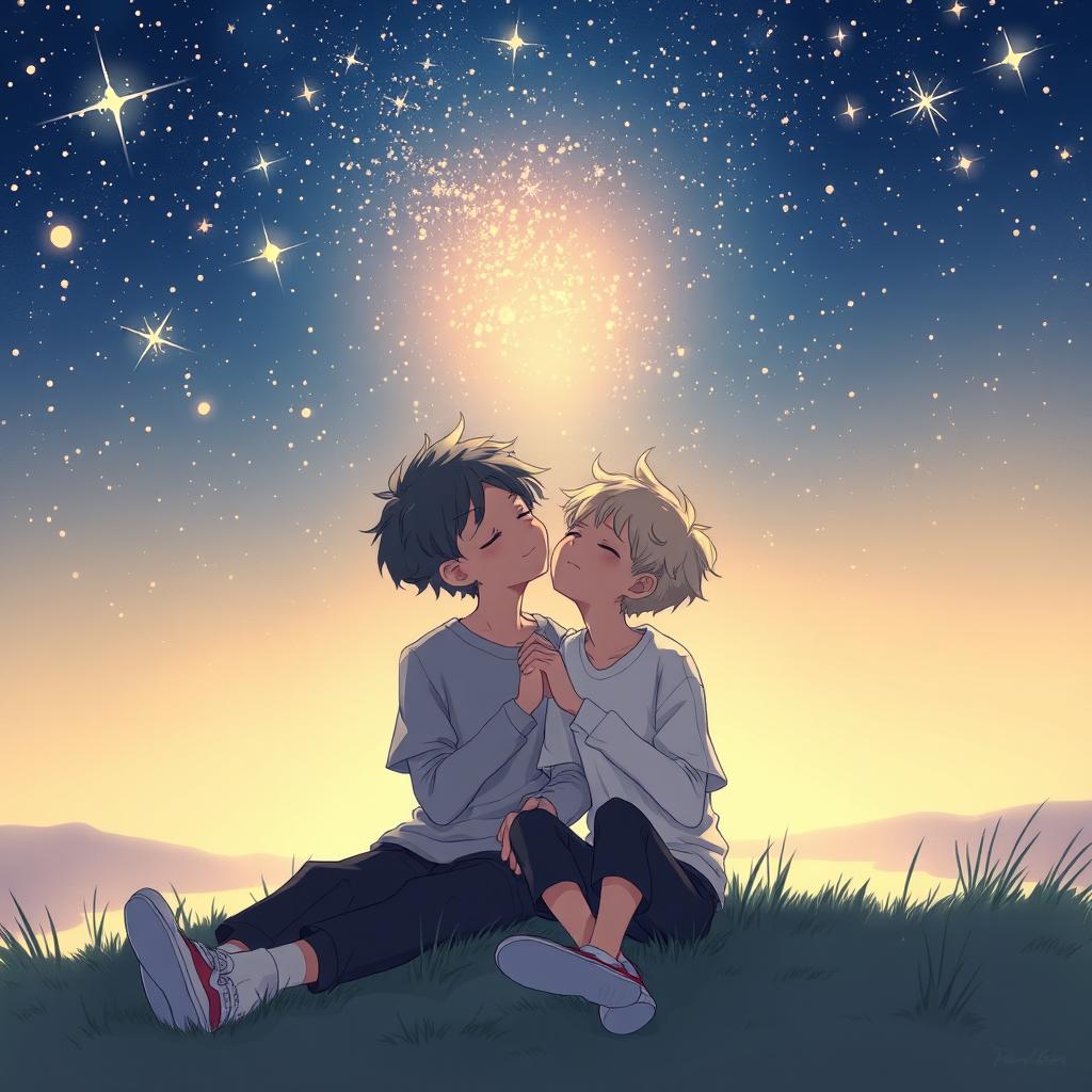 A romantic illustration depicting two boys deeply in love, gazing up at a sky filled with a breathtaking array of stars twinkling above them