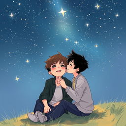 A romantic illustration depicting two boys deeply in love, gazing up at a sky filled with a breathtaking array of stars twinkling above them