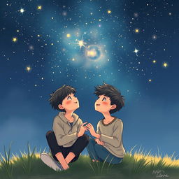 A romantic illustration depicting two boys deeply in love, gazing up at a sky filled with a breathtaking array of stars twinkling above them