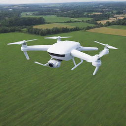 Poster featuring a sleek, eco-friendly drone soaring over green fields, with packages securely attached. The design should emphasize the future of efficient delivery and agriculture.