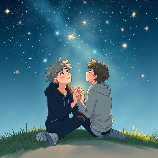 A romantic illustration depicting two boys deeply in love, gazing up at a sky filled with a breathtaking array of stars twinkling above them