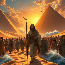 An imaginative interpretation of the biblical Exodus, featuring a dramatic scene where Moses leads a group of people out of Egypt, amidst towering sand dunes and a blazing sunset sky