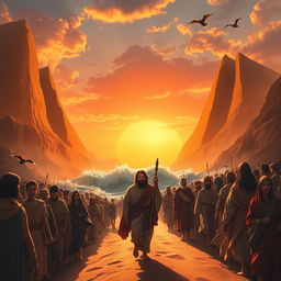 An imaginative interpretation of the biblical Exodus, featuring a dramatic scene where Moses leads a group of people out of Egypt, amidst towering sand dunes and a blazing sunset sky