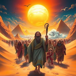 An imaginative interpretation of the biblical Exodus, featuring a dramatic scene where Moses leads a group of people out of Egypt, amidst towering sand dunes and a blazing sunset sky