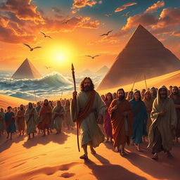 An imaginative interpretation of the biblical Exodus, featuring a dramatic scene where Moses leads a group of people out of Egypt, amidst towering sand dunes and a blazing sunset sky