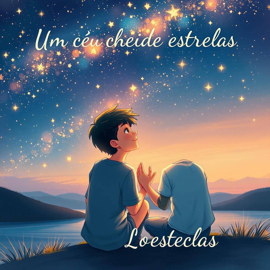 A beautiful and romantic book cover illustration for 'Um céu cheio de estrelas,' featuring two boys in love, tenderly gazing up at a breathtaking sky filled with countless shimmering stars