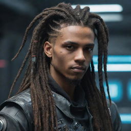 A futuristic digital young man with long, machine-like dreadlocks representing a blend of cyberpunk and natural style.