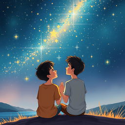 A beautiful and romantic book cover illustration for 'Um céu cheio de estrelas,' featuring two boys in love, tenderly gazing up at a breathtaking sky filled with countless shimmering stars