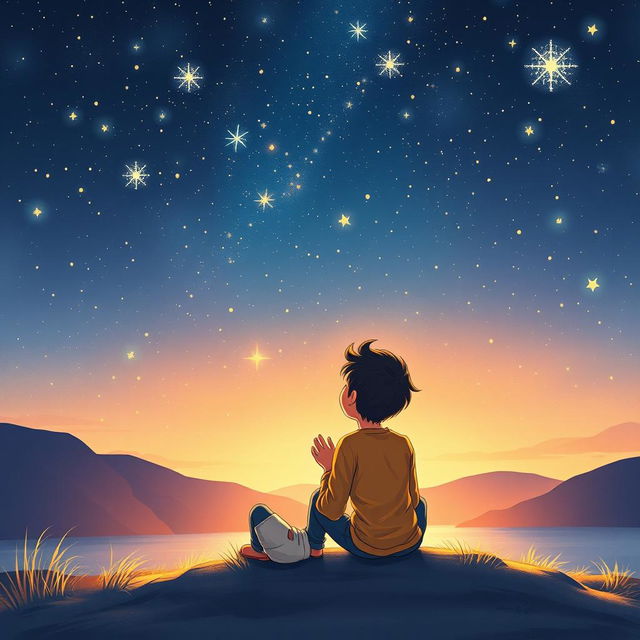 A beautiful and romantic book cover illustration for 'Um céu cheio de estrelas,' featuring two boys in love, tenderly gazing up at a breathtaking sky filled with countless shimmering stars