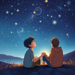 A beautiful and romantic book cover illustration for 'Um céu cheio de estrelas,' featuring two boys in love, tenderly gazing up at a breathtaking sky filled with countless shimmering stars