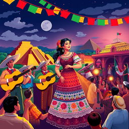 A vibrant illustration capturing the essence of famous Mexican singers, showcasing a lively music scene