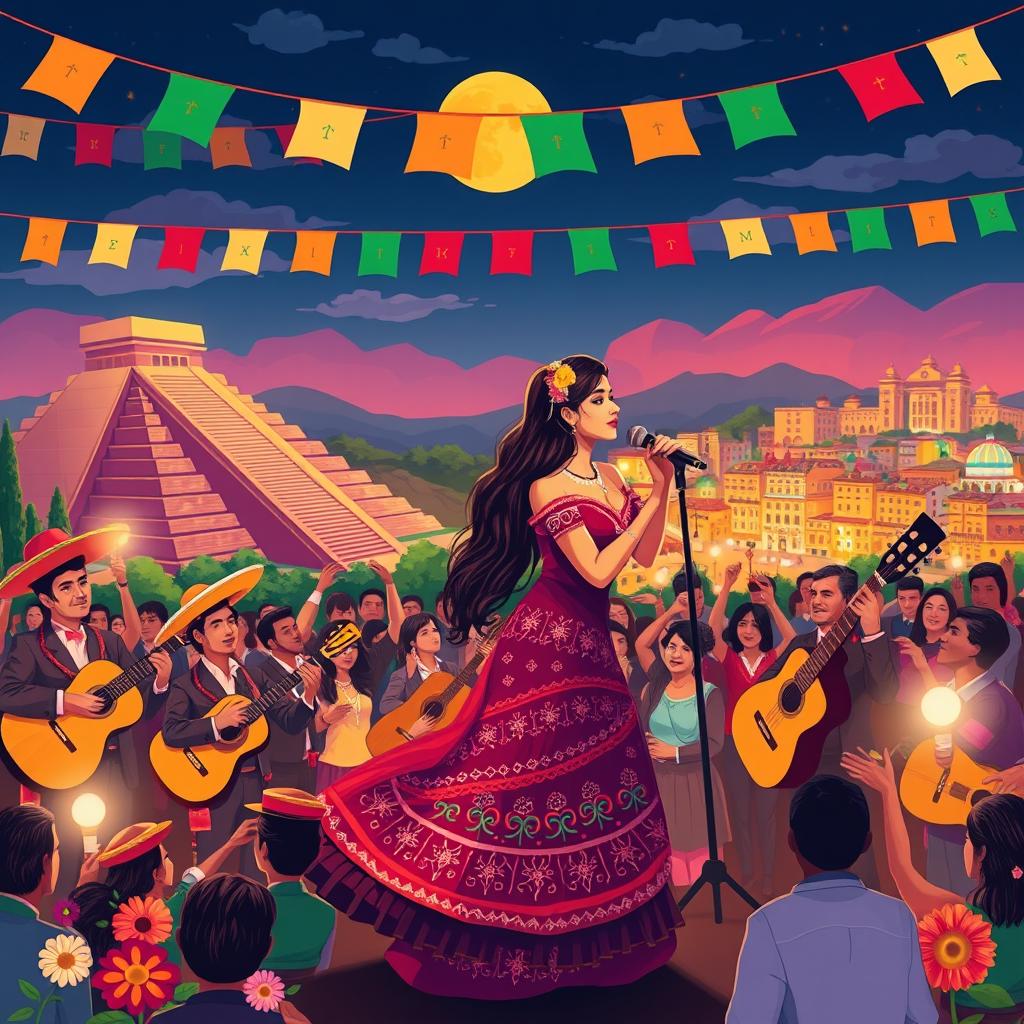 A vibrant illustration capturing the essence of famous Mexican singers, showcasing a lively music scene