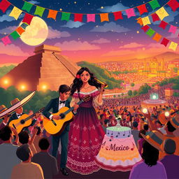 A vibrant illustration capturing the essence of famous Mexican singers, showcasing a lively music scene