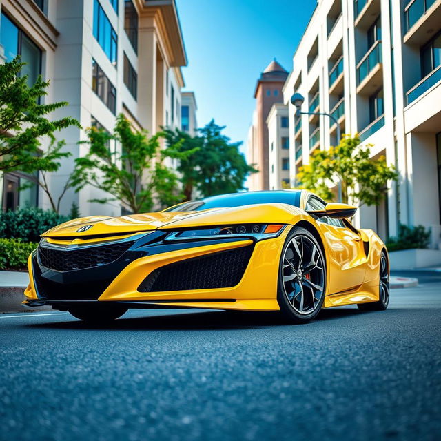 A stunning Acura NSX in bright yellow, parked elegantly on a picturesque street surrounded by modern architecture