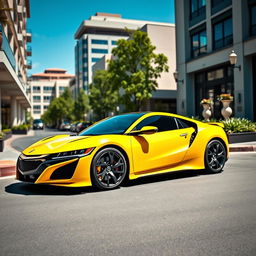 A stunning Acura NSX in bright yellow, parked elegantly on a picturesque street surrounded by modern architecture