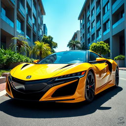 A stunning Acura NSX in bright yellow, parked elegantly on a picturesque street surrounded by modern architecture