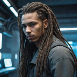 A futuristic digital young man with long, machine-like dreadlocks representing a blend of cyberpunk and natural style.