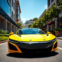 A stunning Acura NSX in bright yellow, parked elegantly on a picturesque street surrounded by modern architecture