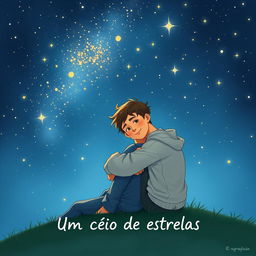 A touching book cover illustration for 'Um céu cheio de estrelas,' showcasing two teenage boys in love, intimately captured as they gaze up at a beautiful sky filled with countless twinkling stars