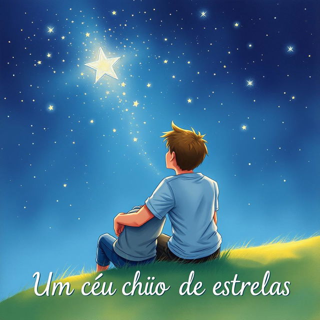 A touching book cover illustration for 'Um céu cheio de estrelas,' showcasing two teenage boys in love, intimately captured as they gaze up at a beautiful sky filled with countless twinkling stars