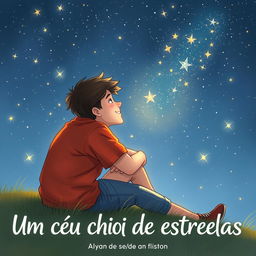 A touching book cover illustration for 'Um céu cheio de estrelas,' showcasing two teenage boys in love, intimately captured as they gaze up at a beautiful sky filled with countless twinkling stars