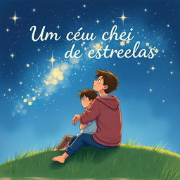 A touching book cover illustration for 'Um céu cheio de estrelas,' showcasing two teenage boys in love, intimately captured as they gaze up at a beautiful sky filled with countless twinkling stars