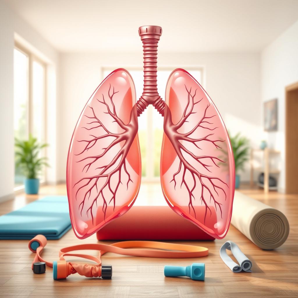 A detailed illustration of a pair of human lungs seamlessly integrated with physiotherapy elements