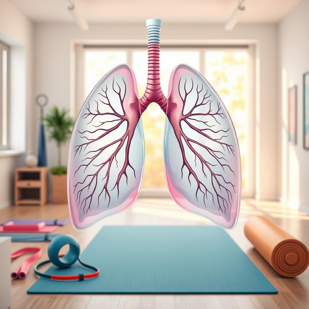 A detailed illustration of a pair of human lungs seamlessly integrated with physiotherapy elements