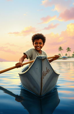 A realistic watercolor style image featuring a vibrant scene of an 8-year-old Afro-descendant boy in a small gray wooden canoe named 'Patrullero P-123'